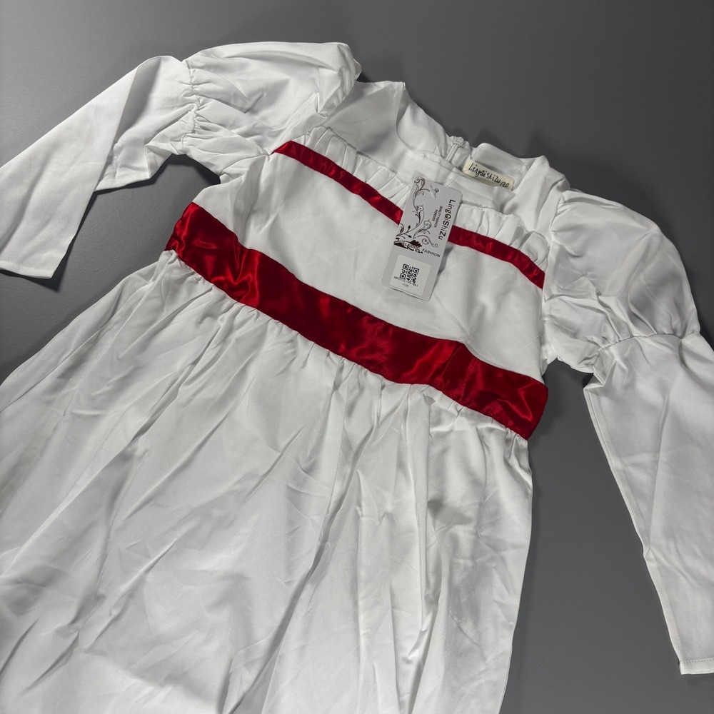 White Dress LingQishiZu Size 6/7 Long Sleeve Red Ribbon‎ Halloween Costume